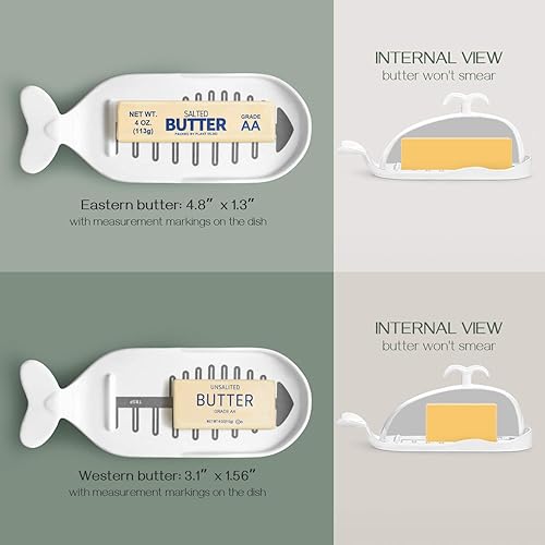 Miniatura 5 de DOWAN Mantequillera de porcelana con línea de medición de corte, plato grande de mantequilla de ballena con cubierta de diseño antideslizante,