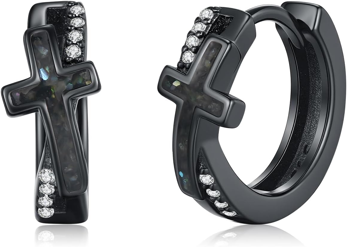 MEDWISE Black Cross Hoop Earrings 925 Sterling Silver Abalone Shell Religious Cross Huggie Earrings Christian Jewelry Easter Faith Valentines Day Gifts for Men