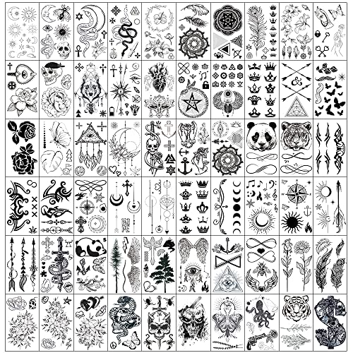 Esland 330+ Realistic Black Temporary Tattoos for Adults 60 Pcs Vintage Skeleton Snake Tattoo Designs, Crowns, Arrows
