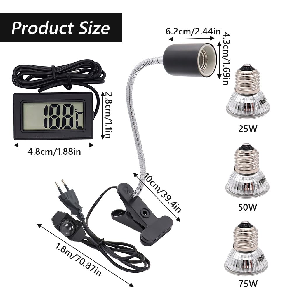 Lotvic Lámpara para Tortuga, Lámpara de Reptiles y Anfibios, Pinza Giratoria de 360°, Lampara de Calor Temperatura Ajustable Lámpara para Reptiles con 3 Bombillas y Termómetro