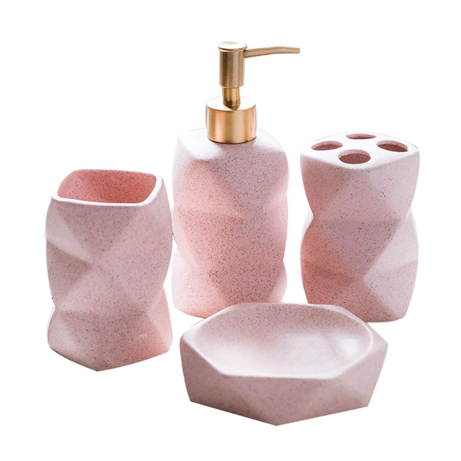 Keramik Bad-Accessoires-Set Bad Toilette Hotelbad Waschset 4-5-6 Stück Set Tumbler Seifenschale Seifenspender Zahnbürstenhalter Mundwasserbecher,Rosa,4 Piece Set