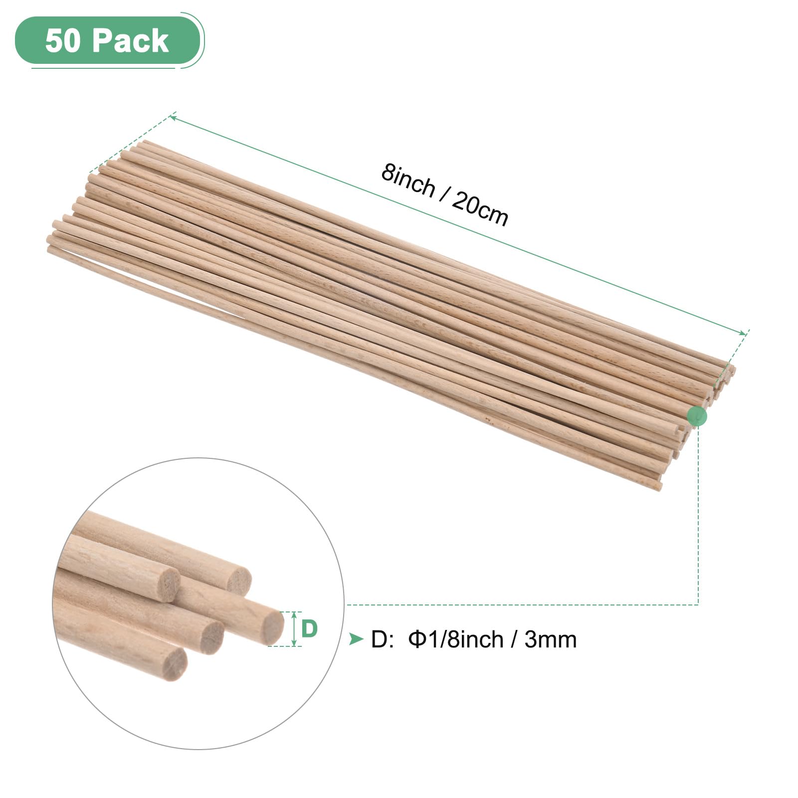M METERXITY 50-Pack Dowel Rods Wood Sticks, 1/8 x 8 Inch Wooden Dowel Rods, Unfinished Hardwood Sticks - Image 3
