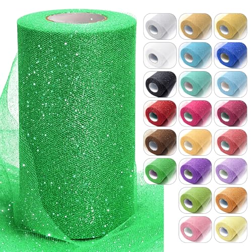 Emerald Green Glitter Tulle Fabric Rolls 6 Inch x 50 Yards Sparkling Spool Ribbon Sequin Netting for DIY Tutu Skirt Wedding Decoration Christmas Party Backdrop Gift Wrapping Bow Craft Supplies