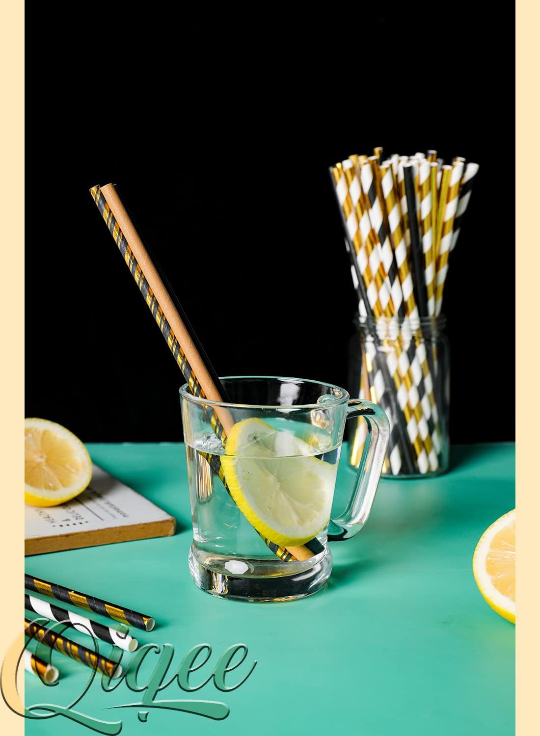 qiqee Gold Stripe Straws for Drinking150pcs Disposable Straws Bulk(8 Pattern) - Image 6