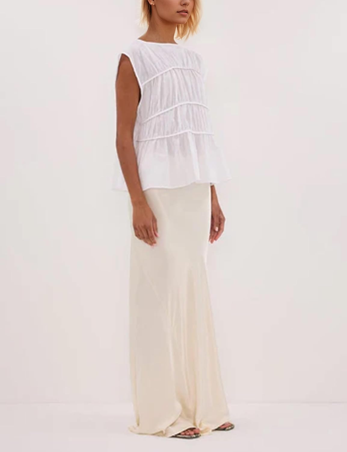 MISSACTIVER Women's Casual Tiered Shirred Tank Top Crew Neck Cap Sleeve Pleated Flared Hem Babydoll Tee Shirt Blouse Tops White