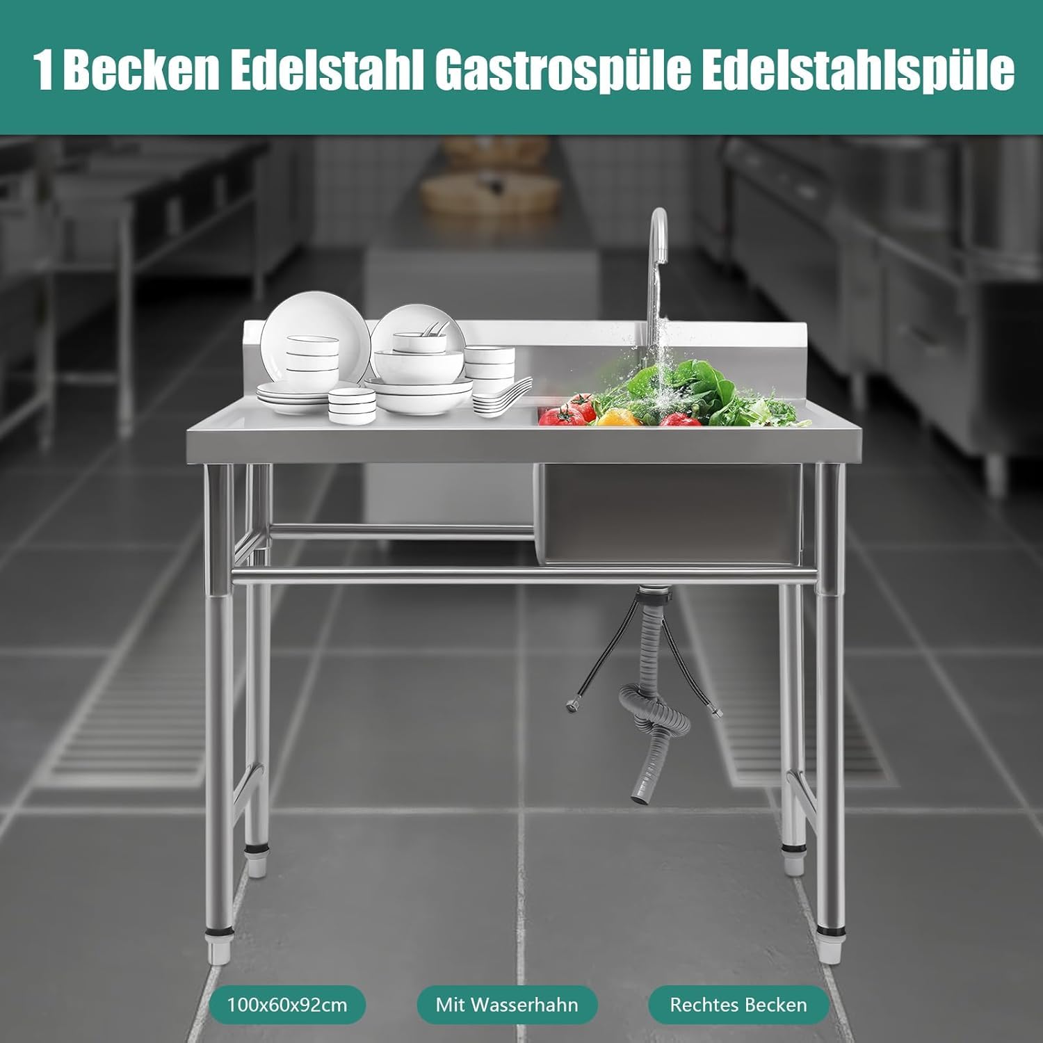 Küchenspüle,Spülbecken 1 Becken Rechts Spültisch Gastrospüle Spülbecken Edelstahlspüle Gastro Gastronomie Spüle Arbeitstisch Waschbecken Edelstahl,100cmx60cm