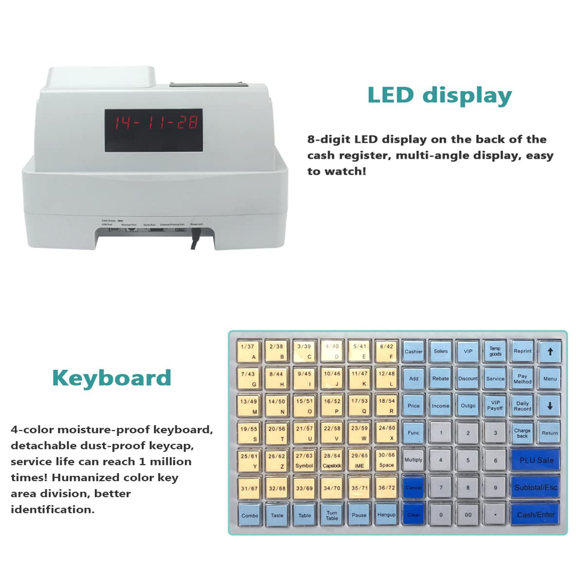 Elektronische Registrierkasse für Einzelhandel/Restaurant, Gewerbekasse mit 8 digitalen LED-Kundenanzeigen und abschließbarer Schublade, 3 Rechnungen/4 Münzen
