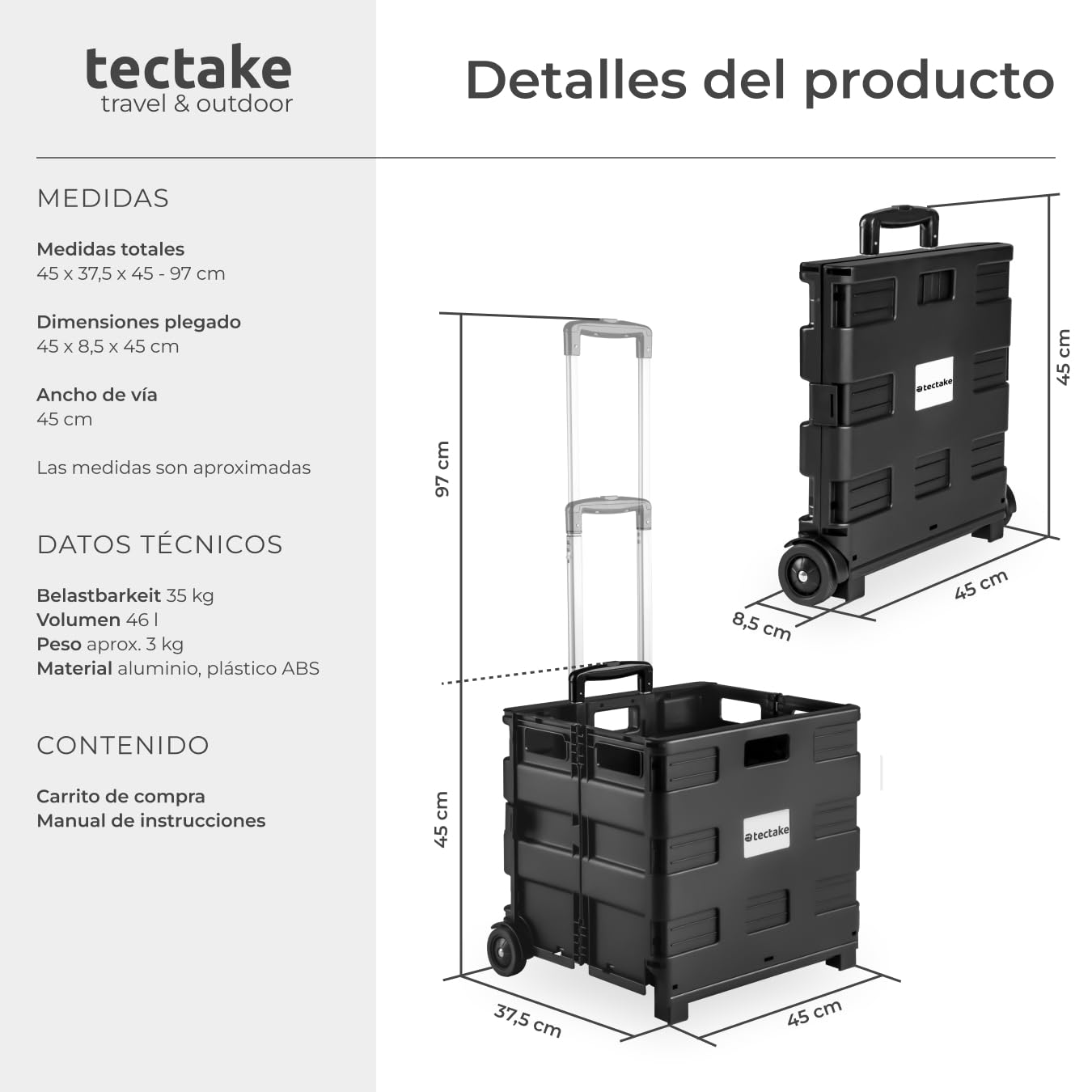 Tectake® Carrito Compra Plegable con Ruedas Grandes y Asa Telescópica, Carro Compra Plegable Compacto Tipo Caja Plastico, Ideal como Carro Supermercado - 45 x 37,5 x 97 cm