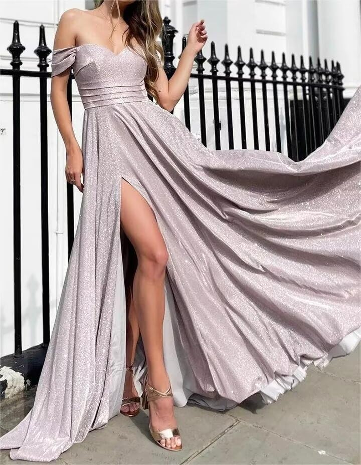 Off Shoulder Prom Dresses for Women 2024 Sparkly Sequins Ball Gown Split Long Evening Formal Party Gowns with Pockets GL00074