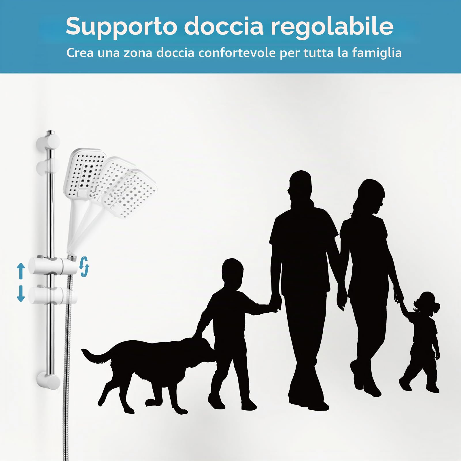 OFFO Set doccia in Acciaio Inox–Asta Doccia con Soffione da 60 cm,Soffione grande con Flessibile e supporto, 3 Tipi di Getto,Altezza Regolabile,Bianco