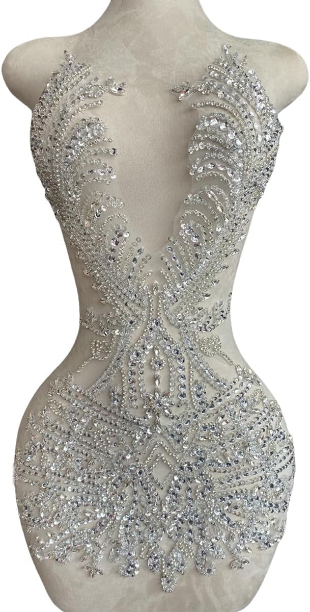 PLune Large Size Handmade Rhinestones lace Trim Patches sew on Beads Appliques for Wedding Party Evening Dress Accessories 26X14inches (Silver)