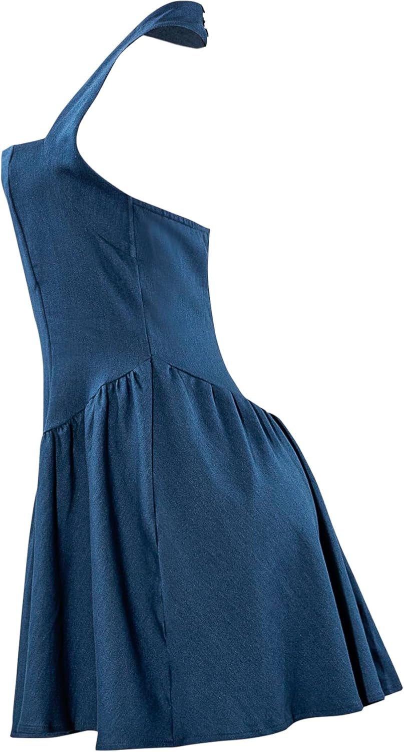 Women Sexy Halter Neck Denim Mini Dress Bodycon A-line Bubble Night Club Party Short Dress - Image 3