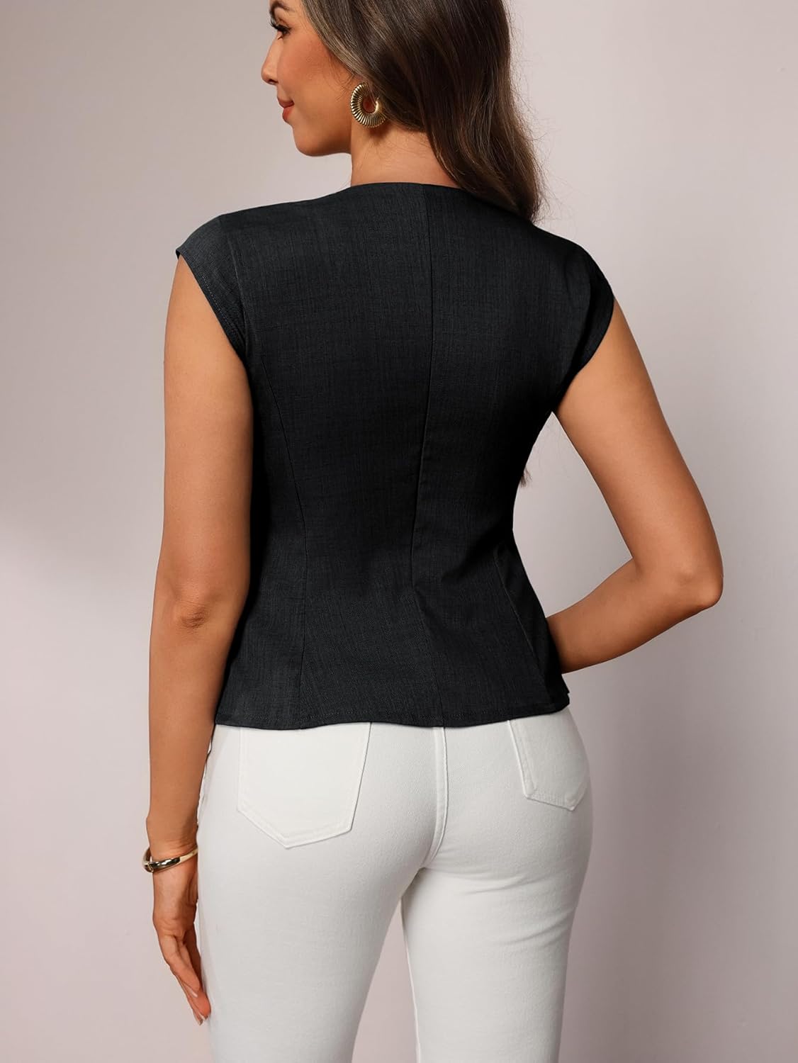 Women's Button Down Cap Sleeve Blouse Crew Neck Split Hem Work Office Shirts - Image 2