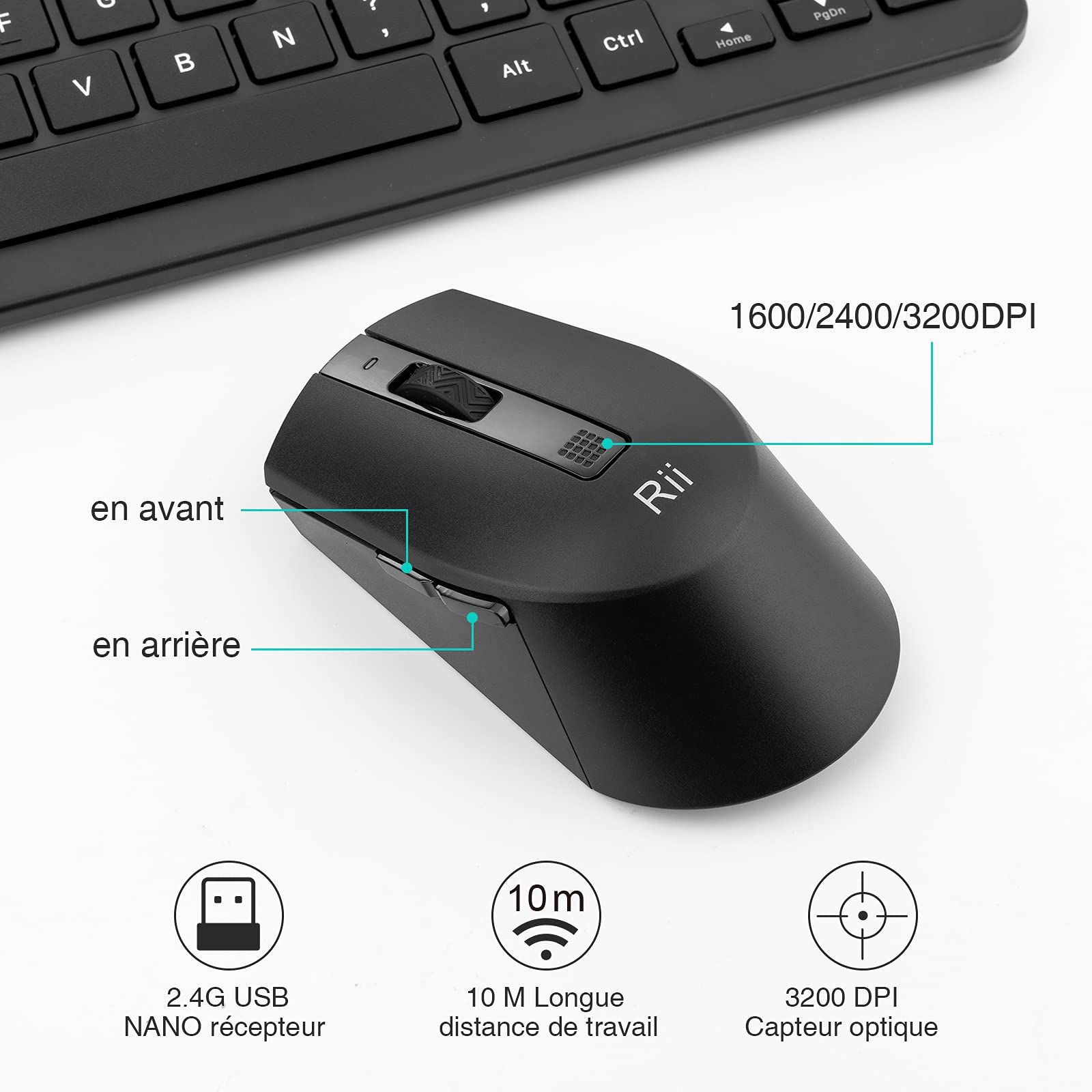 Rii Élite Combo sans Fil | Clavier Souris sans Fil PC/Ordinateur Portable | Clavier Ergonomique Trousse Main | Souris Optique 3 DPI Réglables | Molette Silencieuse | Design Français Élégant Noir