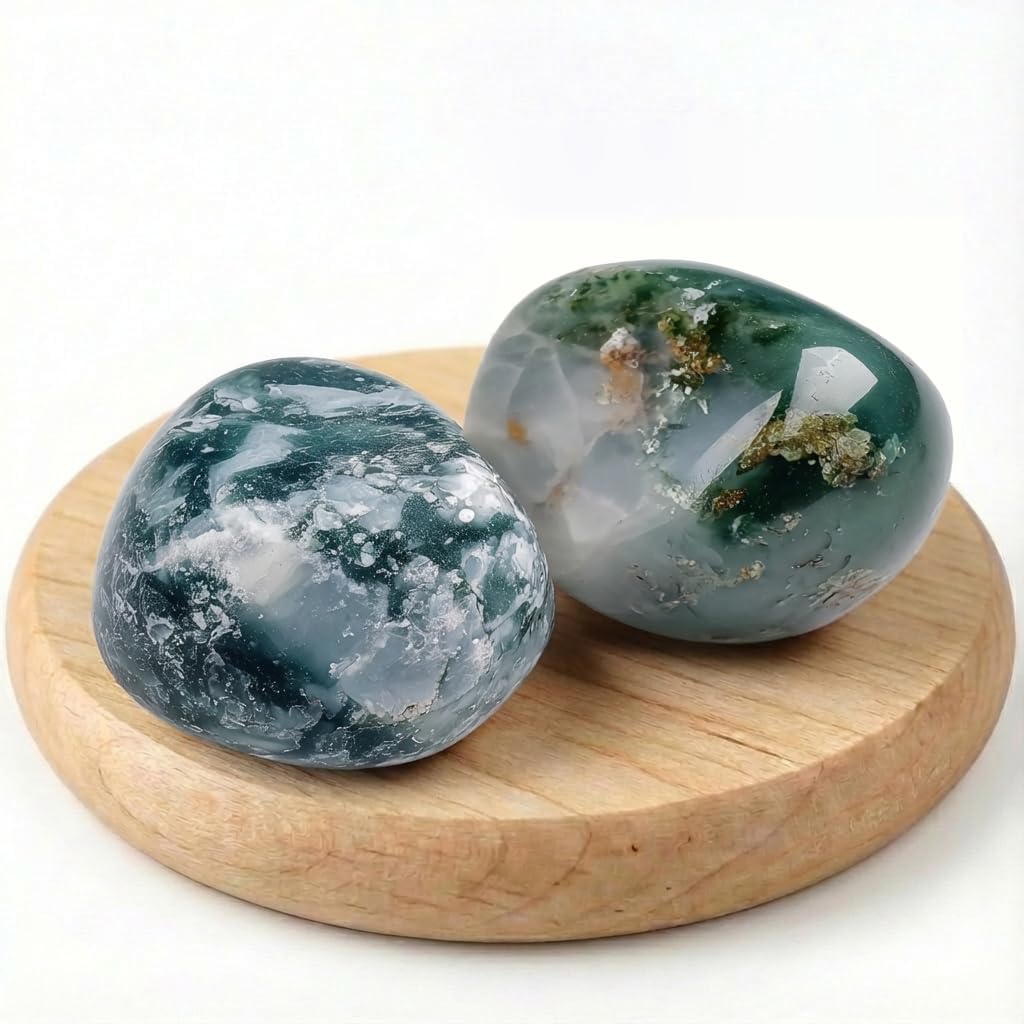 Polished Moss Agate Crystal Stones - 2 Pieces of 1.2-Inch Super Large Handpicked Natural Tumbled Gemstones for Reiki, Chakra Healing, and Home Decor
