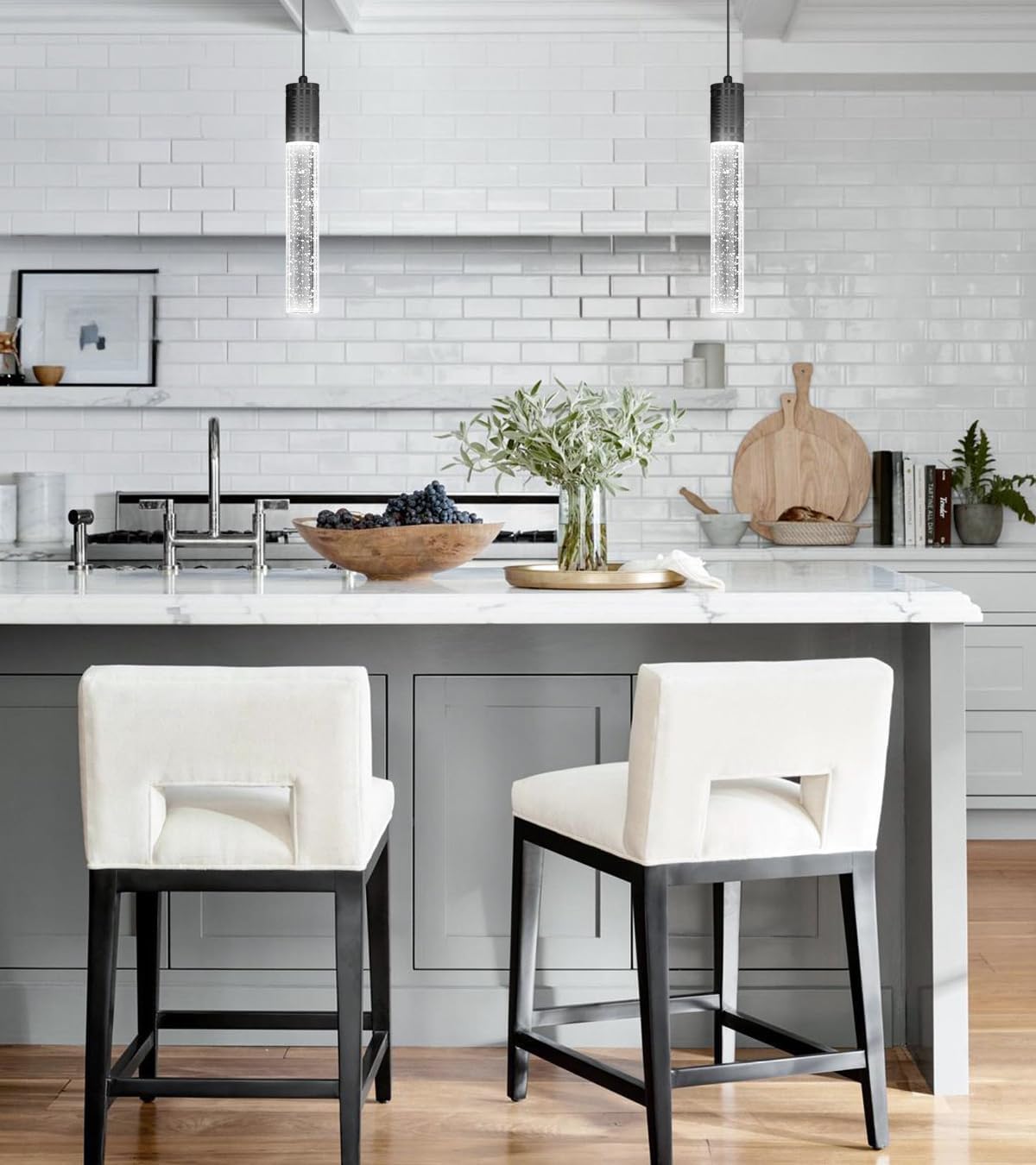 Set of 2 Pendant Lights for Kitchen Island, White Light, Black Crystal Linear Pendant Lighting, Bar Corner LED Light Fixture