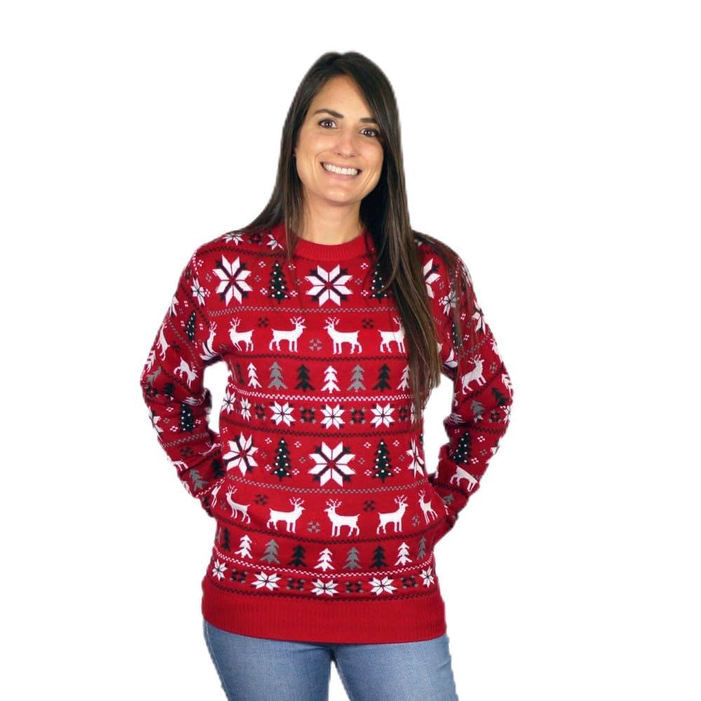 Pull de Noël pour Femme, Homme et Enfant avec Rennes, Sapins et Étoiles Polaires