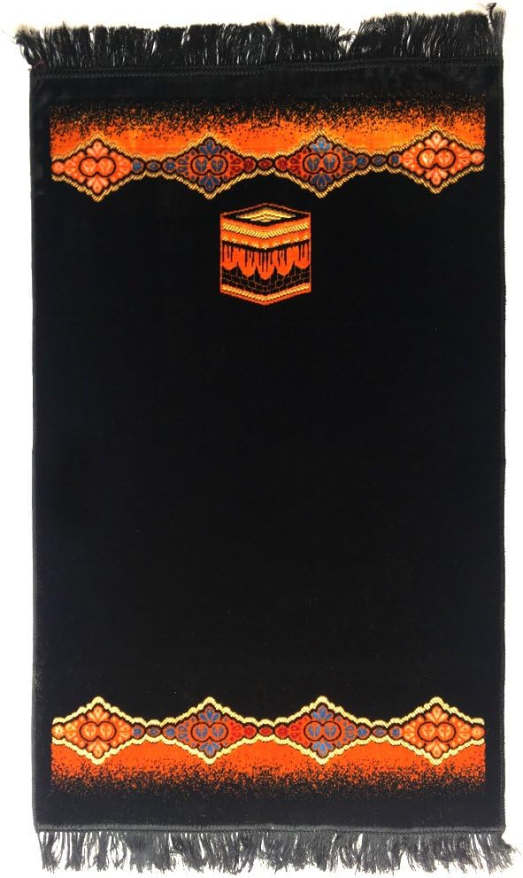 Turkish Islamic Prayer Rug Plush Velvet Janamaz Prayer Mat - Kaaba Simple Design Black