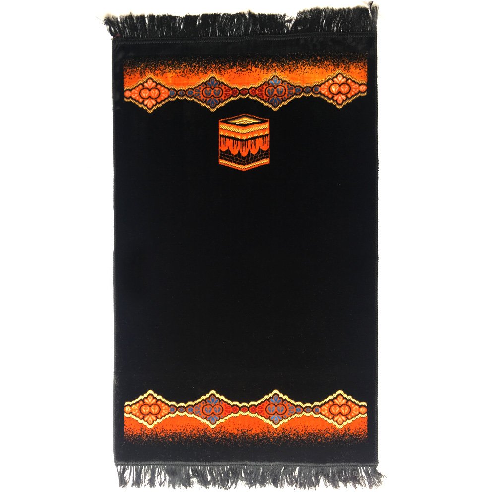 Turkish Islamic Prayer Rug Plush Velvet Janamaz Prayer Mat - Kaaba Simple Design Black