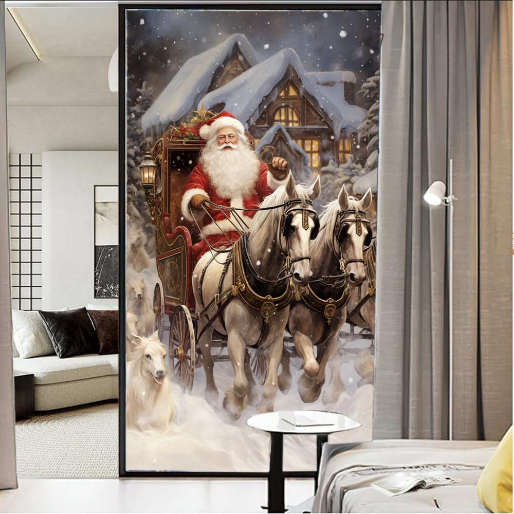 Vintage Christmas Stained Glass Window Film Snow Animal Modern Horse Window Privacy Film Non-Adhesive Glass Film Decorative Static Cling Film for Home Office 60 x 90 cm