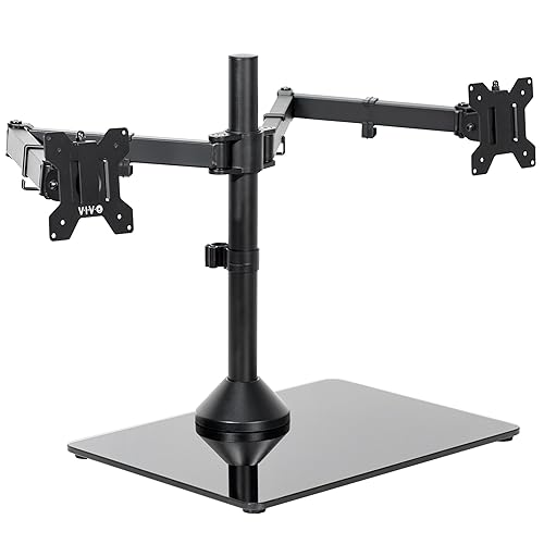 VIVO Freestanding Dual Ultrawide Monitor Stand with Sleek Glass Base and Adjustable Arms, 2 Screens up to 38 inches and 22 lbs Each, Black, STAND-V038FG - 13" to 38" Screens - Black