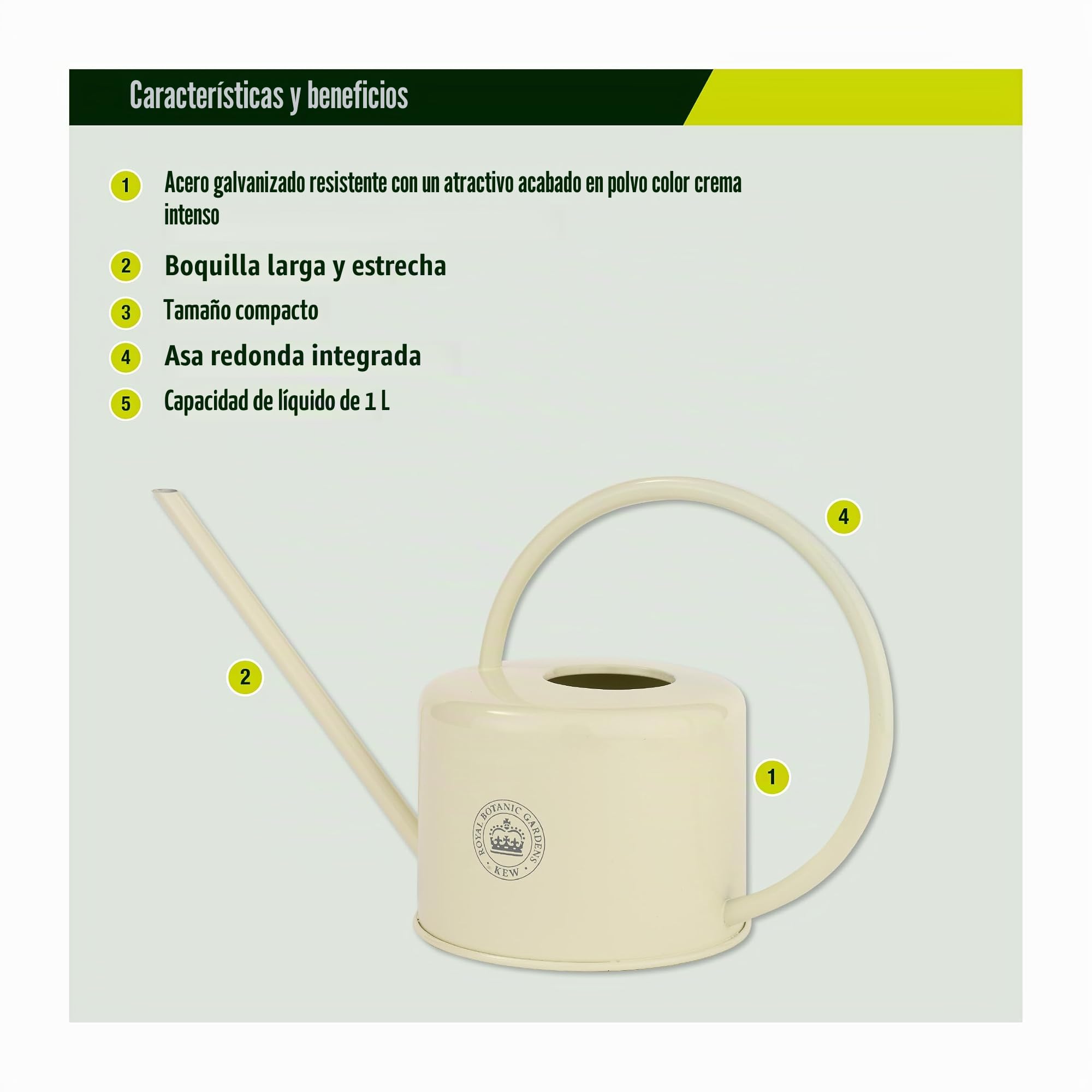 Spear & Jackson Kew Gardens Urban Oasis Regadera 1L de Acero Galvanizado, Regadera para Plantas de Interior con Boquilla Larga, Elegante para Casa y Balcón, Crema