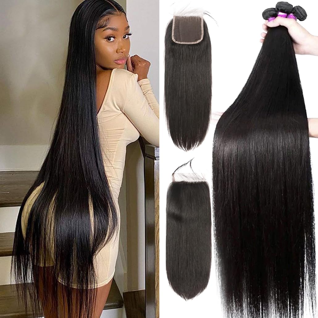 12A Straight Bundles with Closure Human Hair(16 18 20+14) Brazilian Human Hair Bundles 100% Unprocessed Virgin Quick Weave 3 Hair Bundle with 4x4 Free
