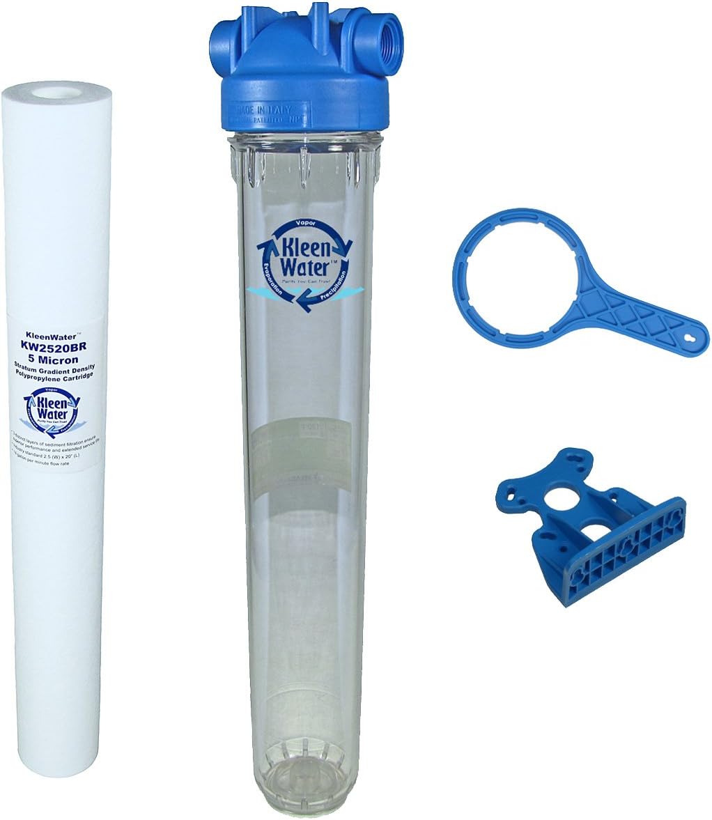 KleenWater Whole House Water Filter System, Transparent Clear Housing, 5 Micron 20 Inch Sediment Cartridge, 3/4 NPT, Wrench and Mounting Bracket