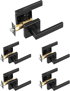 VEVOR Passage Door Handle, 5 Pack Matte Black Door Lever, Left or Right Handing Reversible Lever Non-Locking, 45 Rotation to Open, Square Interior Door Handles for Hallways, Closets, Meeting Spaces