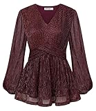 GRACE KARIN Damen Bluse Elegant Pailletten Oberteile Transparent Langarm Top Slim Fit Festliches Outfit Rotwein L