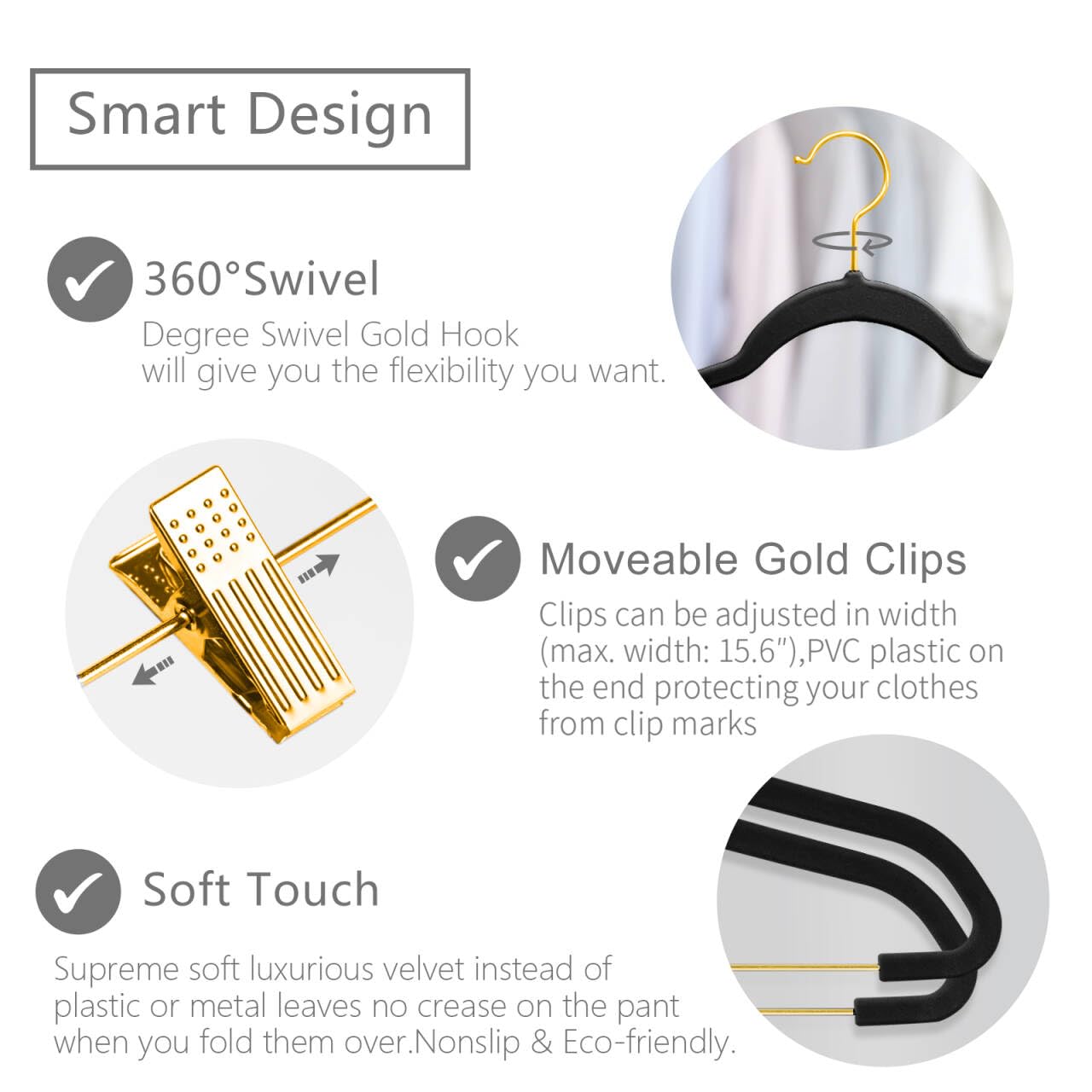 MIZGI Premium Kleiderbügel aus Samt mit verstellbaren Clips (20 Stück) schmale Rock-Kleiderbügel - rutschfeste Filz-Outfit-Kleiderbügel schwarz - goldene Haken, platzsparende Hemd-Kleiderbügel