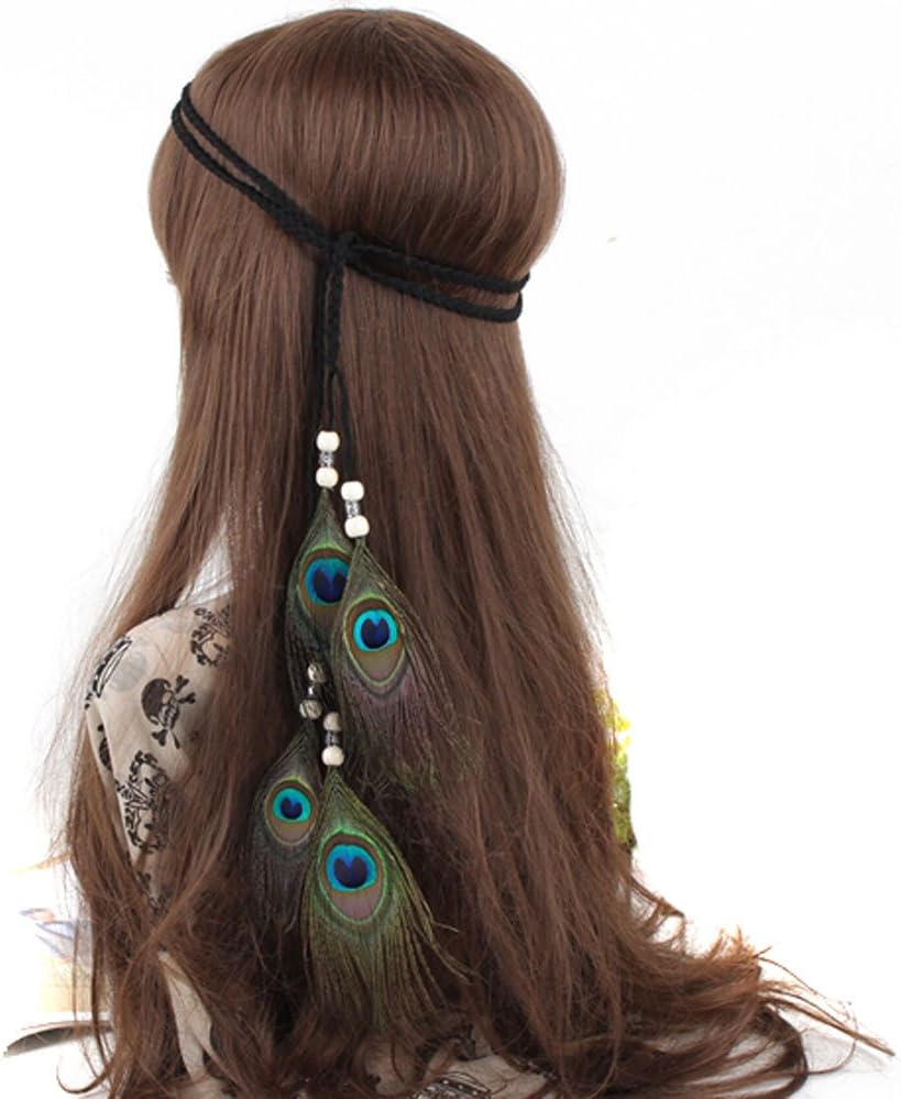 Sumddy Indian Peacock Feather Headdress Headband Bohemian Tassel Hairband Head Chain Headwear Hair Styling Accessories for Women Girls Handmade
