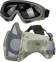 Vista 47 de Máscara de Airsoft con Gafas, Máscara de Malla Plegable de Media Cara con Protección para los Oídos para Paintball, Tiro, Cosplay, Juego CS