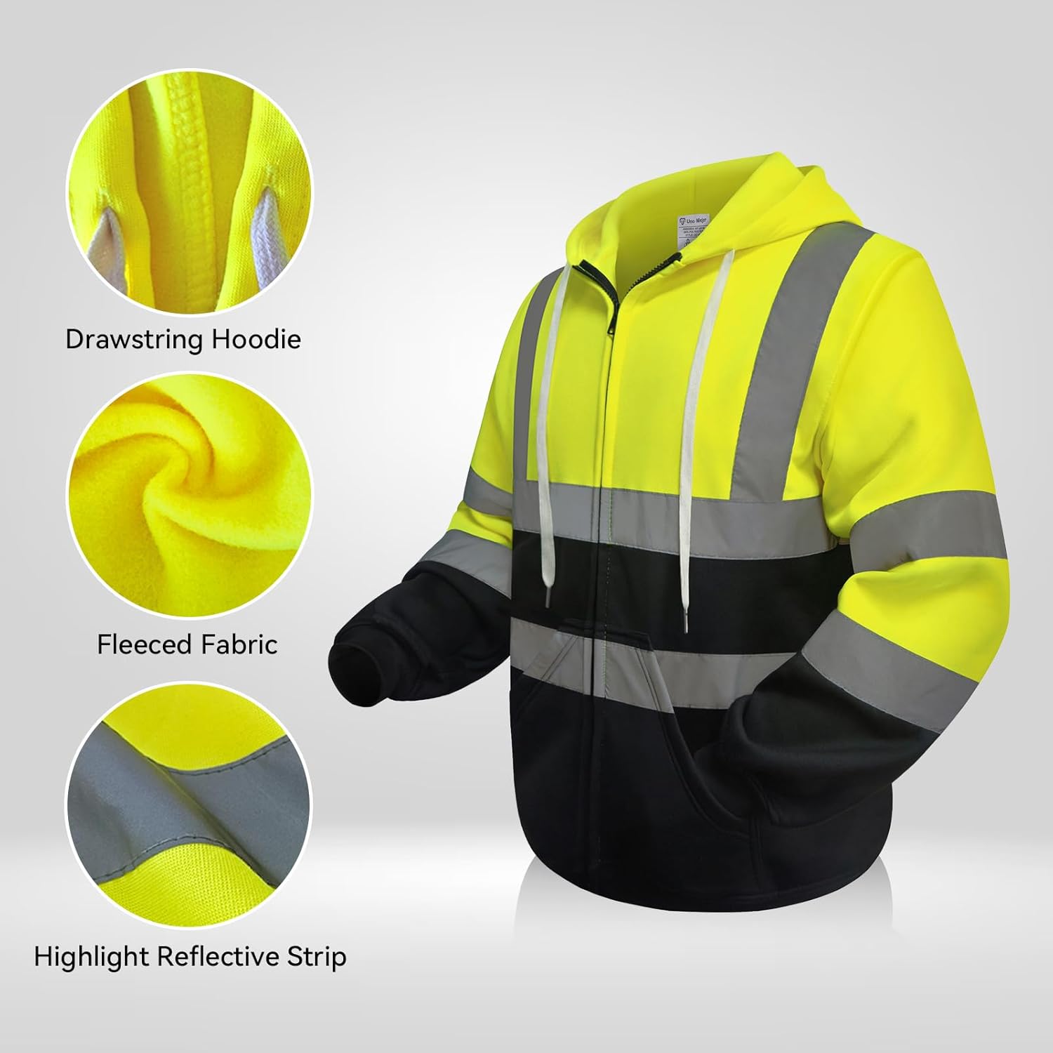 Reflective Hoodie, Hi Vis Hoodie for Men Women, Class 3 High Visibility Sweatshirts with Zipper, Safety Jackets with Black Bottom for Construction, Yellow, S - Image 4