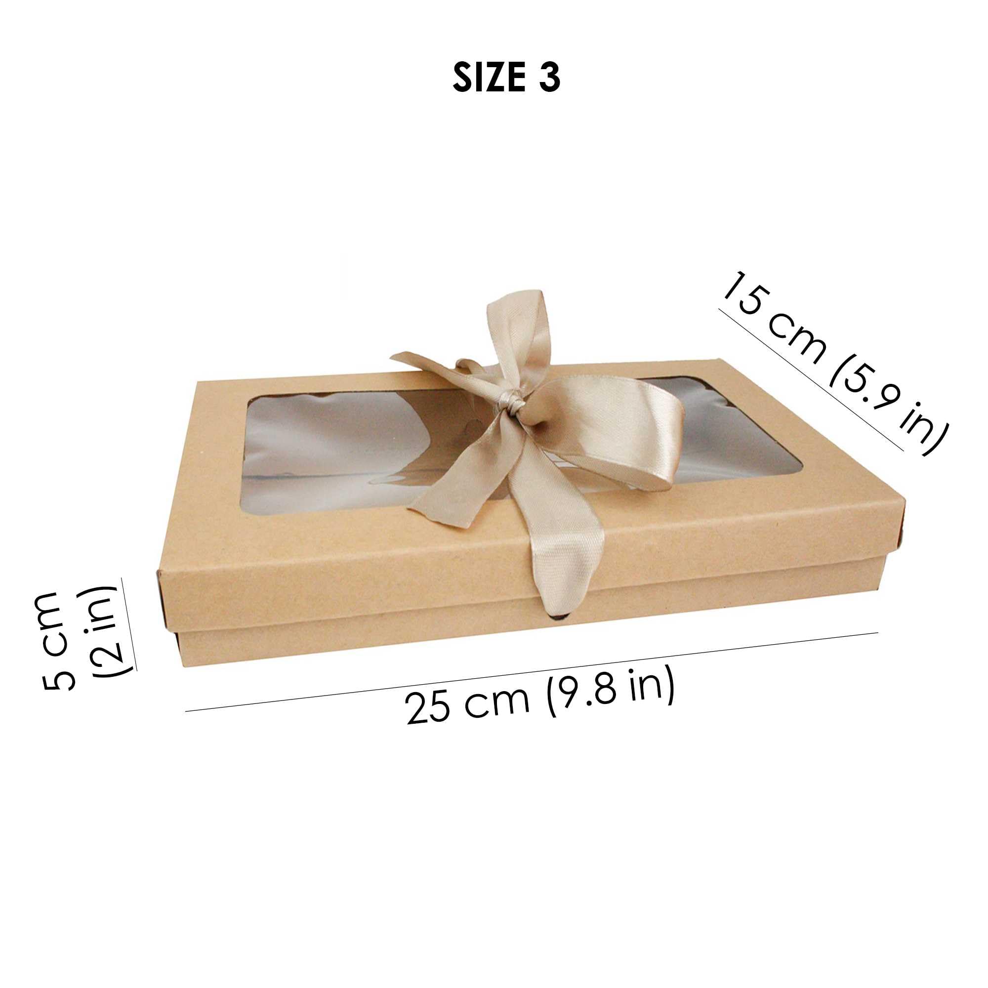 Emartbuy 36 sztuk prostokątnych pudełek prezentowych, 25 x 15 x 5 cm, brązowe pudełko typu kraft z przezroczystą pokrywką i satynową wstążką