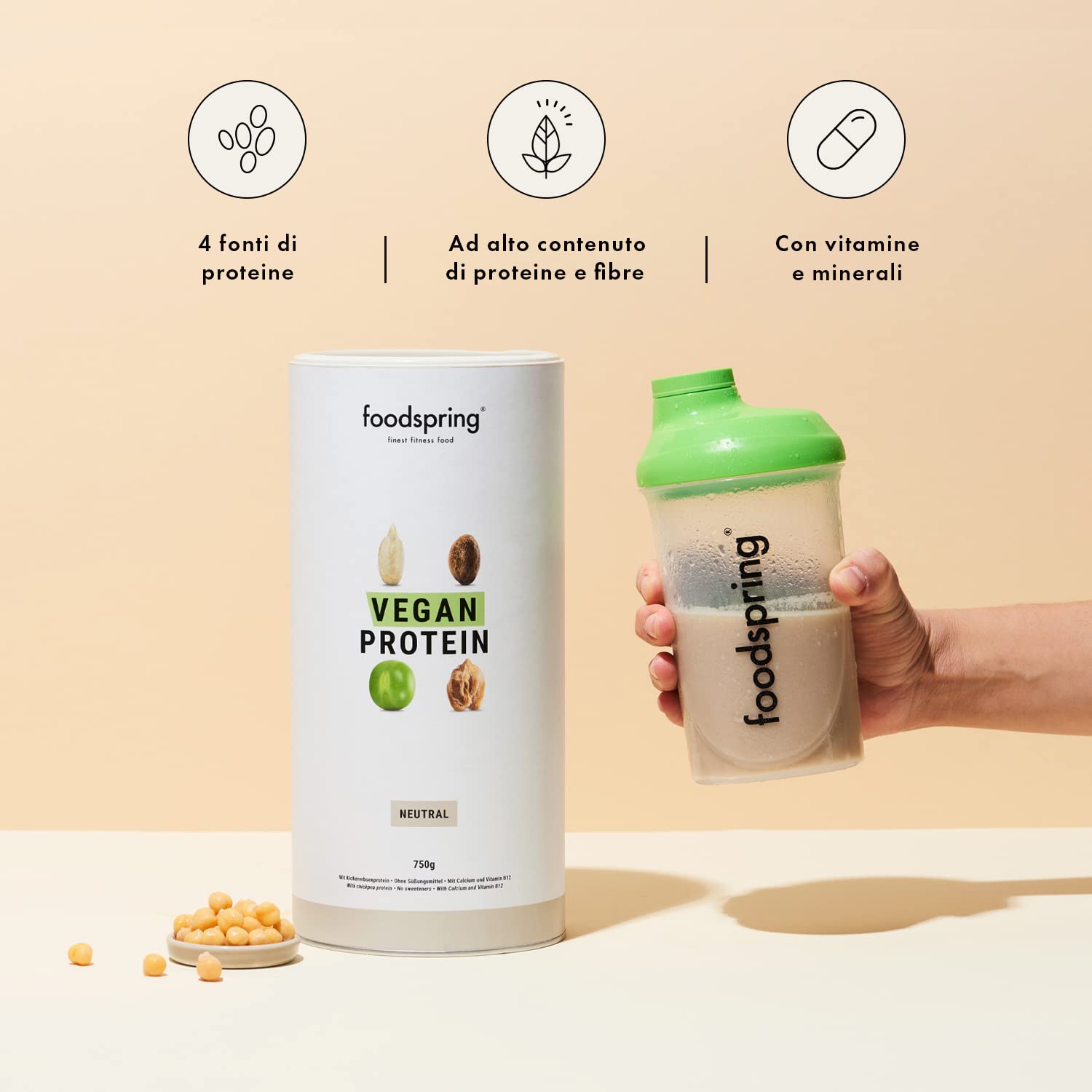 foodspring Proteine Vegane, Neutro, 750g, Proteine da pisello, Ceci, Canapa e girasole, Potere vegetale per muscoli di acciaio