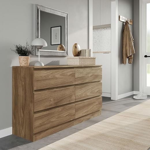 URBNLIVING Modern Oak Wooden Chest with 6 Drawers for Bedroom or Office Storage Versatile Bedside Table and Stylish Cabinet for Organizing Clothes Accessories Work Place Supplies and Personal Items