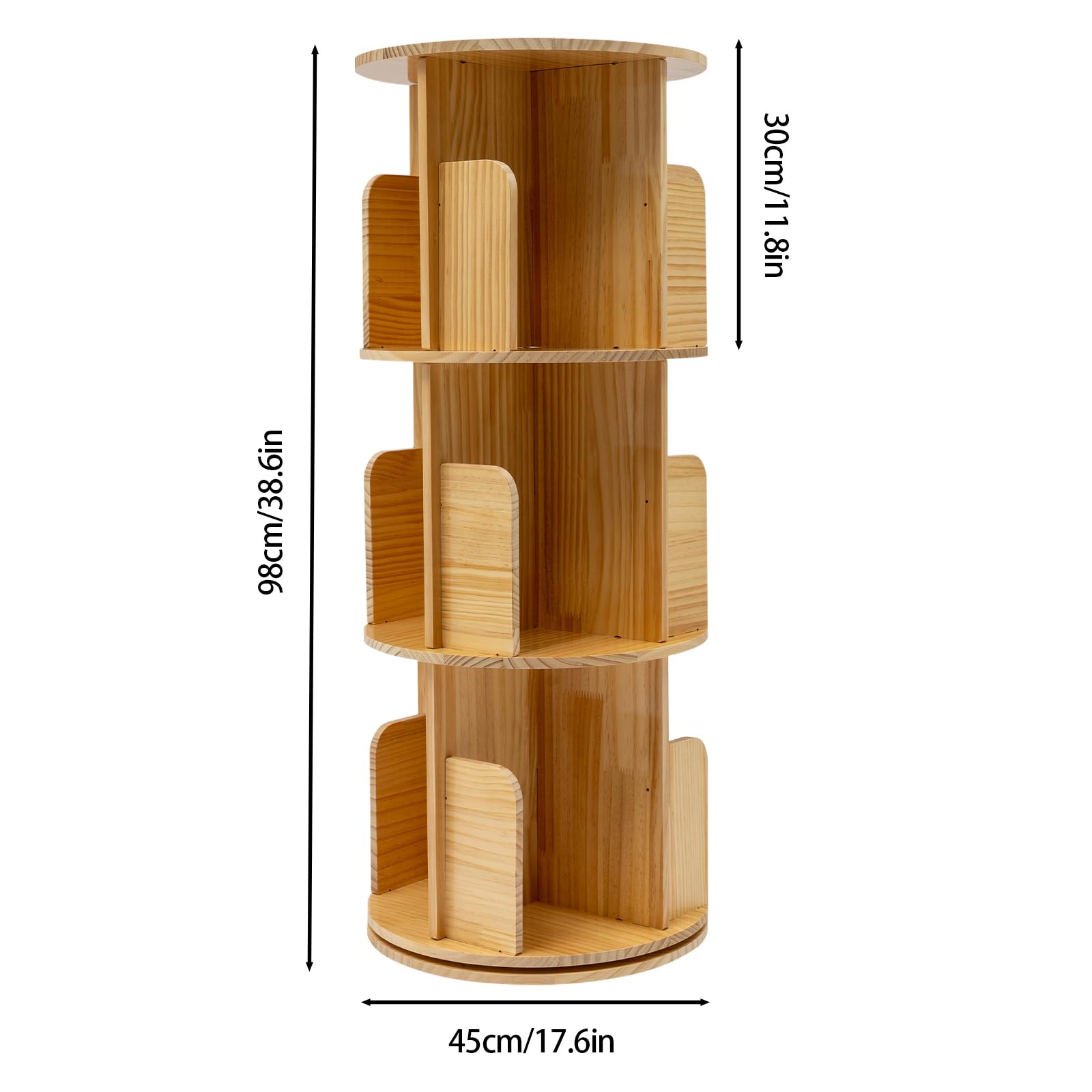 Estantería giratoria de madera de 3 niveles, 360 grados, estantería de oficina de madera de pino, armario de almacenamiento para estudio, oficina, biblioteca, sala de lectura, 45 x 98 cm