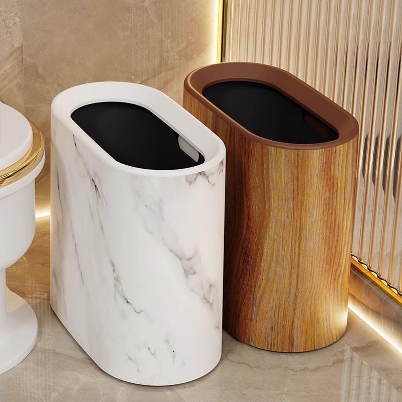 seebemxx Trash Can for Bathroom, 3.7 Gal Plastic Marble Wood Pattern Small Office Garbage Can for Bedroom Kitchen, Slim Trash Bin Waste Basket Decorative Modern Trashcans (Plastic Wood Pattern)