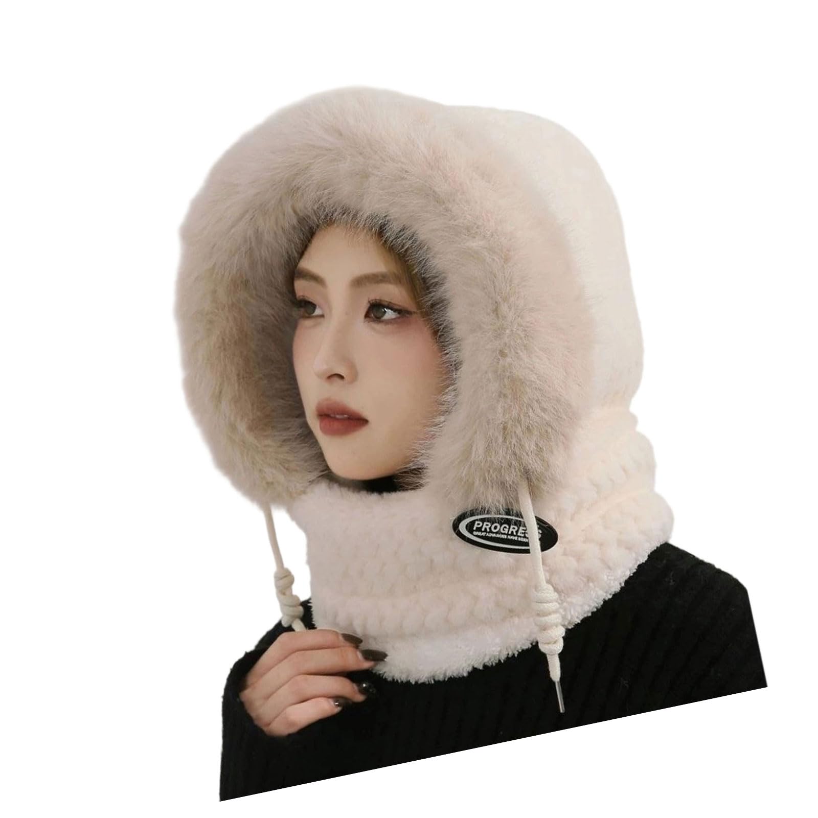 Obotsnoi Unisex Beige Thickened Thermal Face Covering Pullover Hat With Integrated Scarf Face Cover For Cold Weather Winter Windproof Headwear Windproof Thermal Earflap Hat