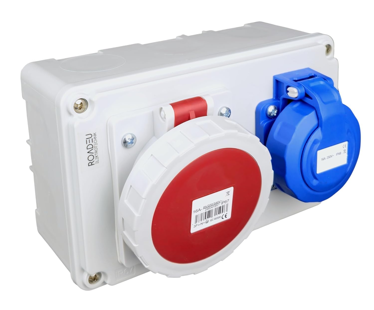RoadEu – Steckdosenverteiler Schuko 230V + CEE 16A 5-polig, Stromverteiler IP67 Wasserdicht, Außensteckdose mit Abdeckung, Baustromverteiler für Indoor/Outdoor