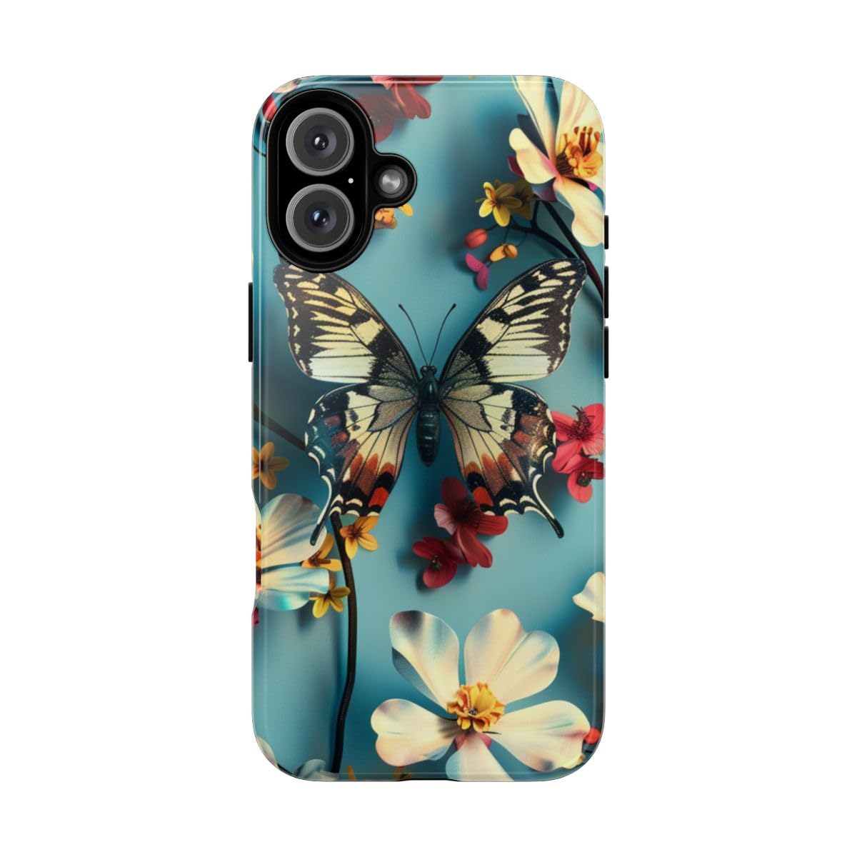 Coque iPhone 16 Plus papillon et floral bleu pour un style unique