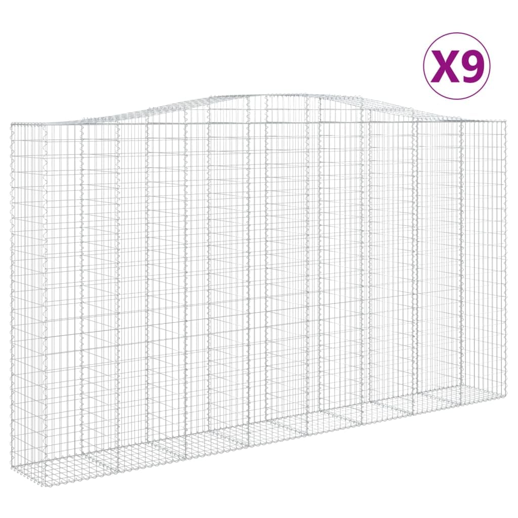 Kosze gabionowe łukowe 9 sztuk 400 x 50 x 220/240 cm ocynkowane żelazo, dźwiękochłonna bariera ogrodowa i ściana dekoracyjna ze wzmocnionymi haczykami