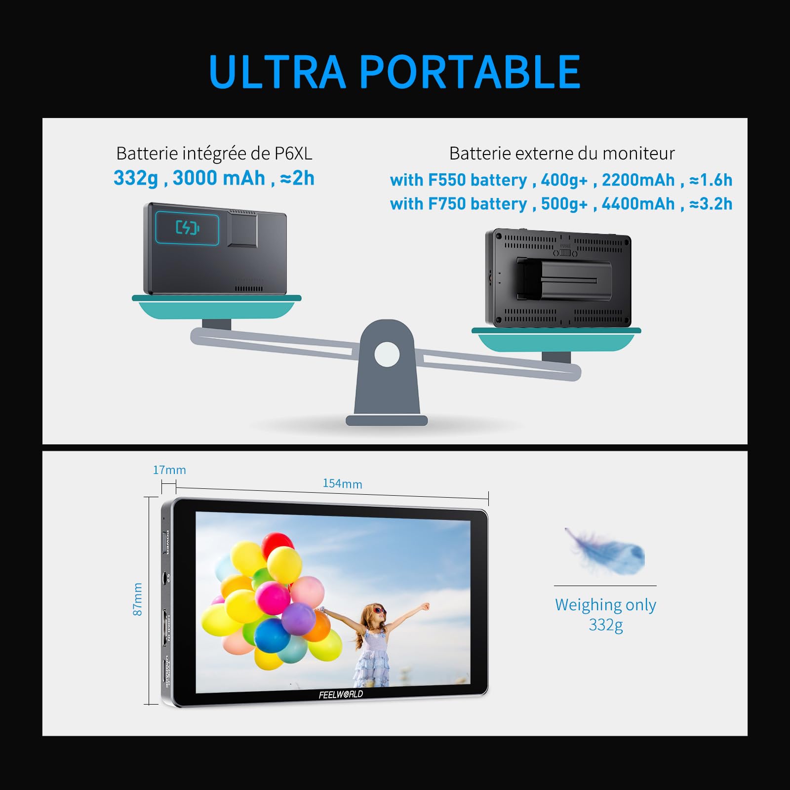 FEELWORLD P6XL Moniteur de Caméra DSLR à Écran Tactile 6 Pouces Moniteur de Terrain 1200Nit avec Batterie Intégrée 4K HDMI 3DLUT HDR Waveform Screenshot Boîtier en Aluminium