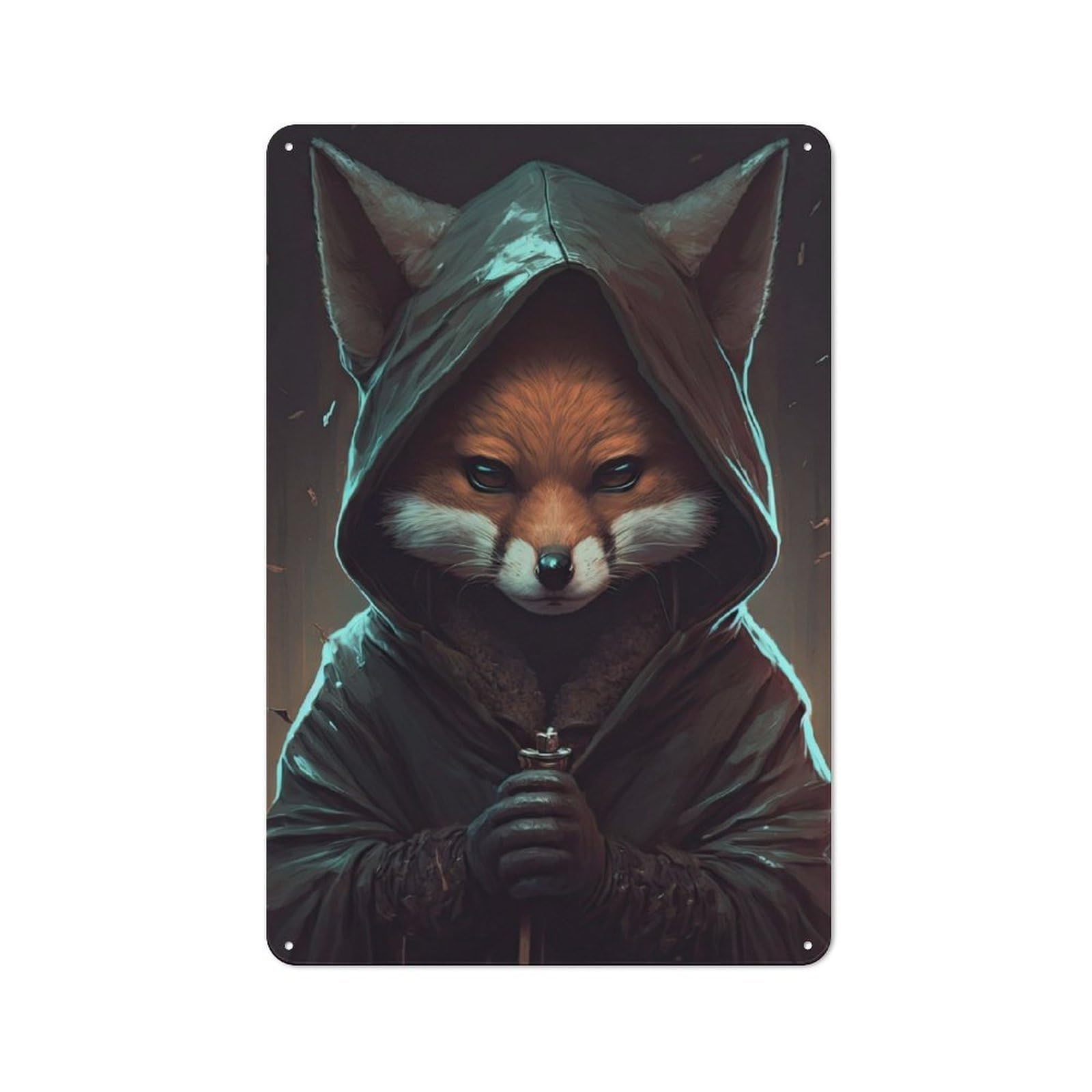 Junmoney Fox Wizzard With A Hoodie Metal Plaque 30X20cm With For Hallway Wall, Rustic Decor, For Garage, Workshop And Man Cave Decoration