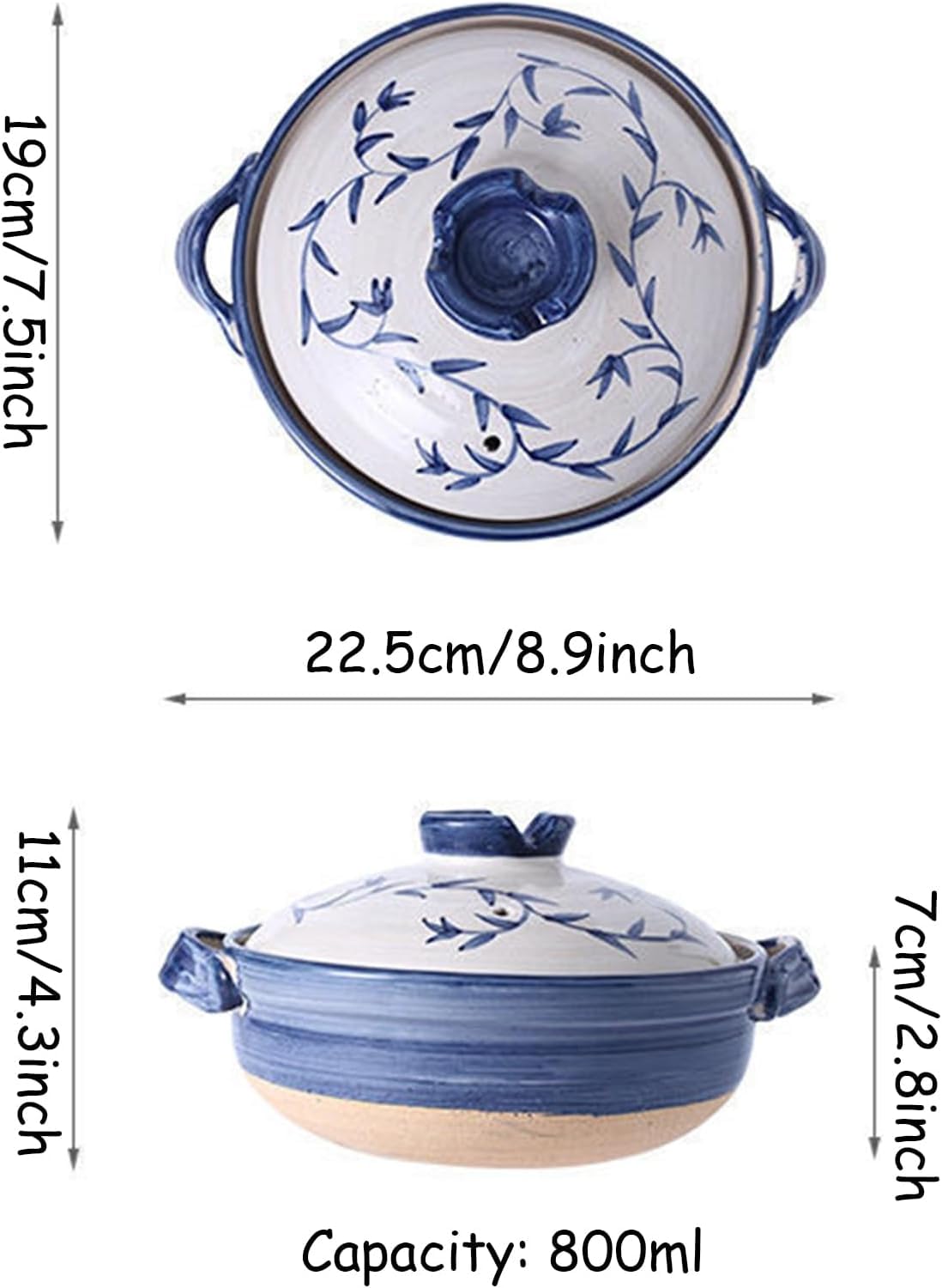 Grande Casseruola in Ceramica con Coperchio - 800 Ml, Pentola in Terracotta, Casseruola Rotonda con Manico, Ideale per Cuocere al Forno E Servire Deliziosi Pasti Black, White, Blue 800ML