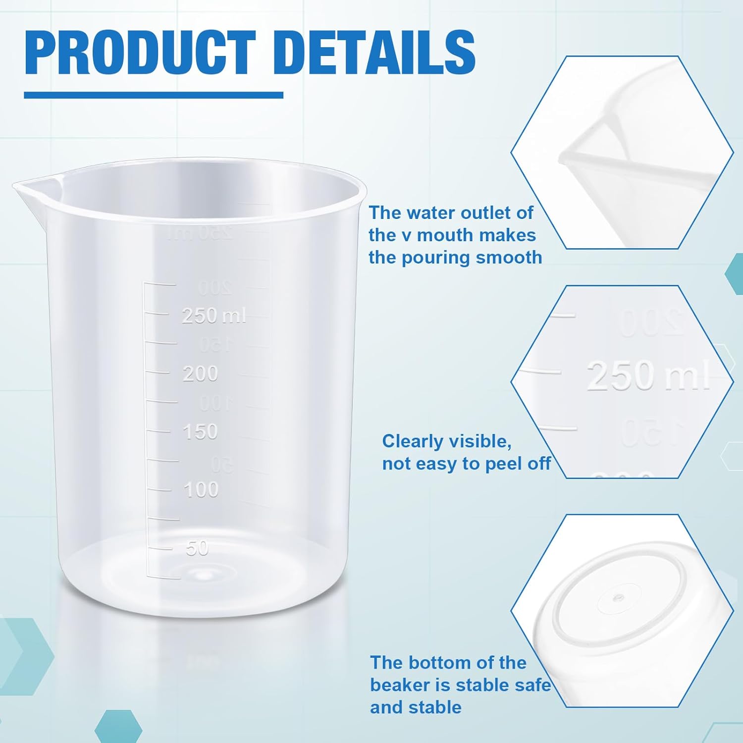 Tanlade 36 Pcs Plastic Beakers Transparent Lab Measuring Cup Clear Liquid Measuring Mixing Cups Raised Graduations, Tapered Spout for Laboratories, Classrooms, Home (250 ml)