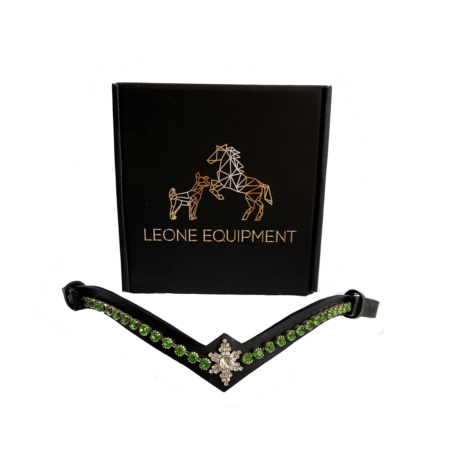 Stirnriemen Pferd Glitzer Geschenkbox X-Full X-Warmblut Grüne Steine Schwarz Leder