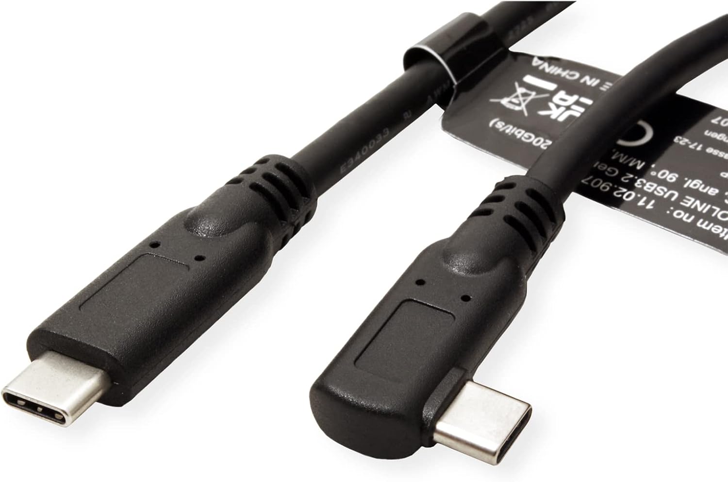 Roline USB 3.2 Gen 2x2 Cable, PD 20V5A, Emark, C-C, ST/ST, 1x 90° Wt, 20 Gbit/s, Black, 1 m