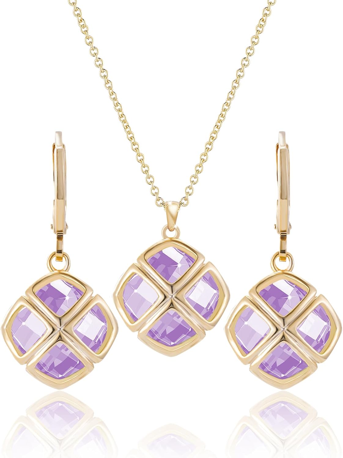 Qinpan Crystal Pendant Necklace Earrings Sets for Women 14K Glod Plated Jewelry